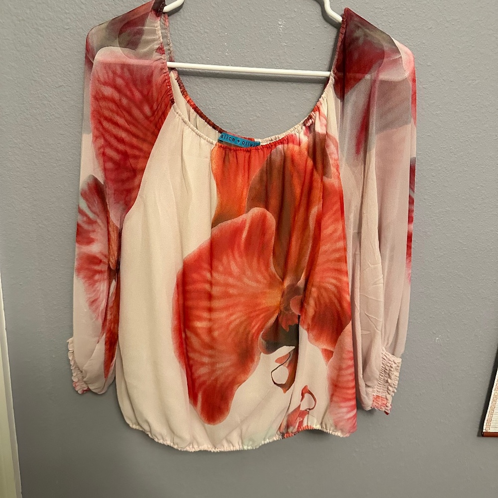Alice+Olivia white floral silk blouse